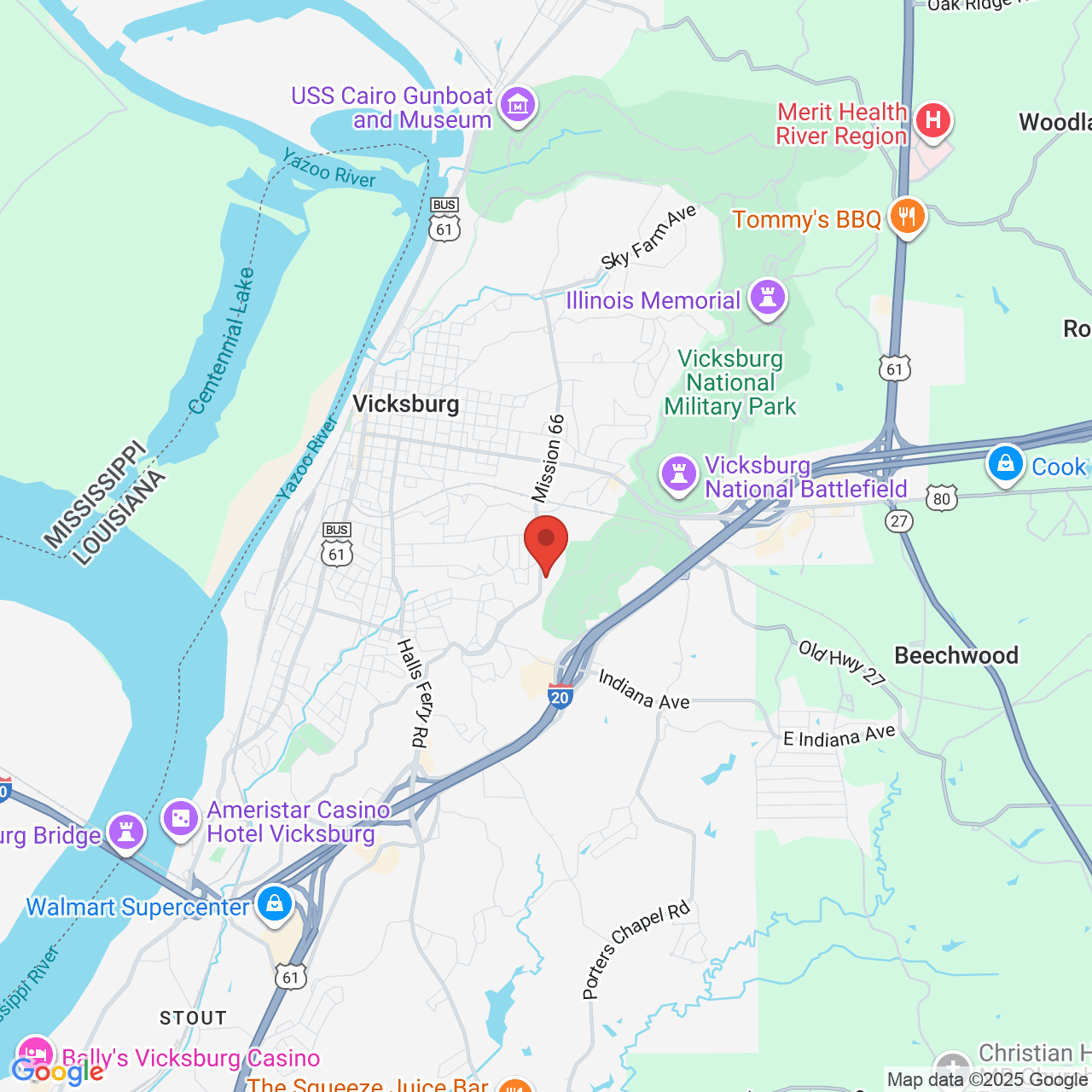 Google map image of our location in 1909 Mission 66 Vicksburg, MS